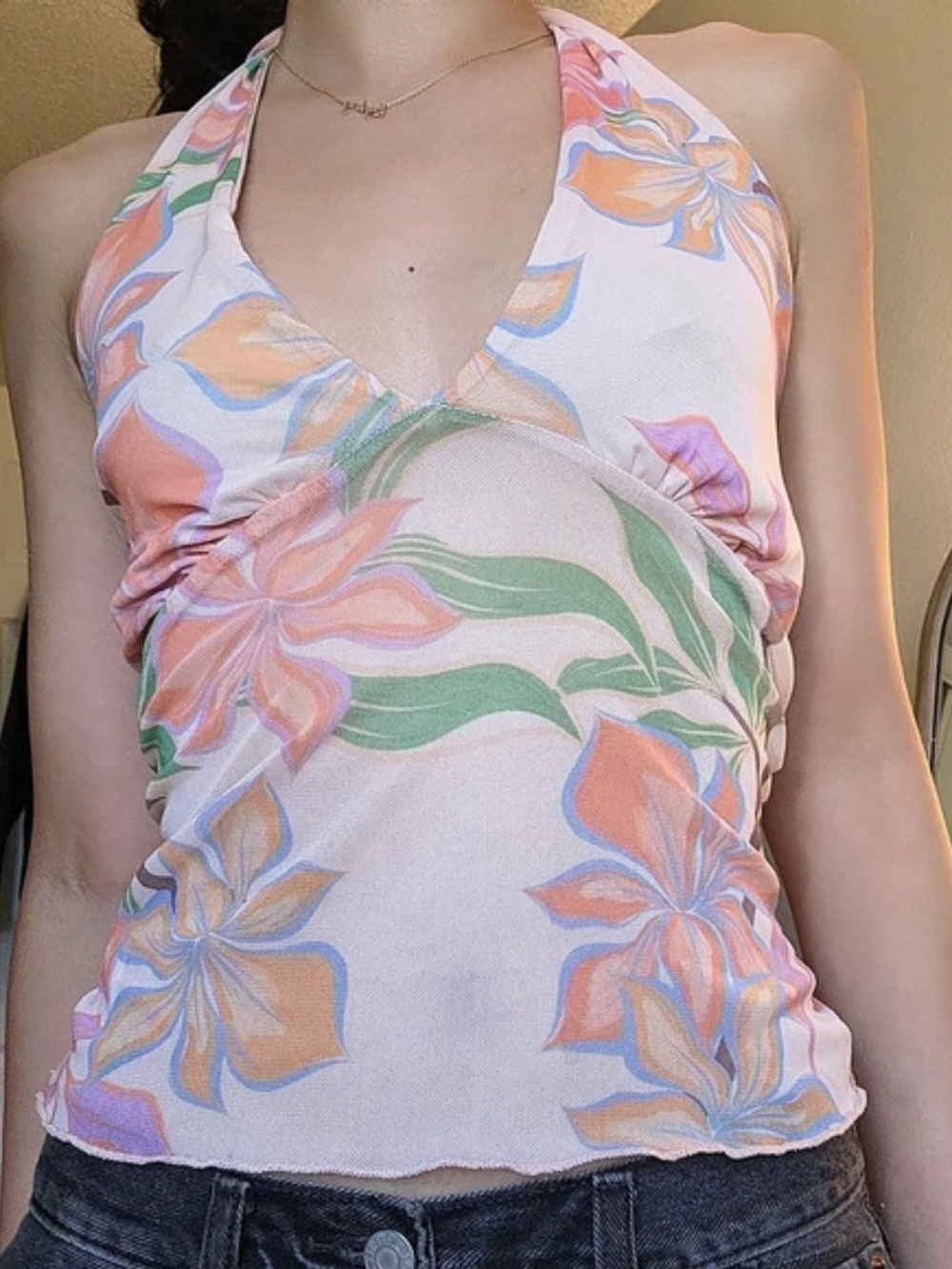 Floral Halter Tank in Pink & Green Like New